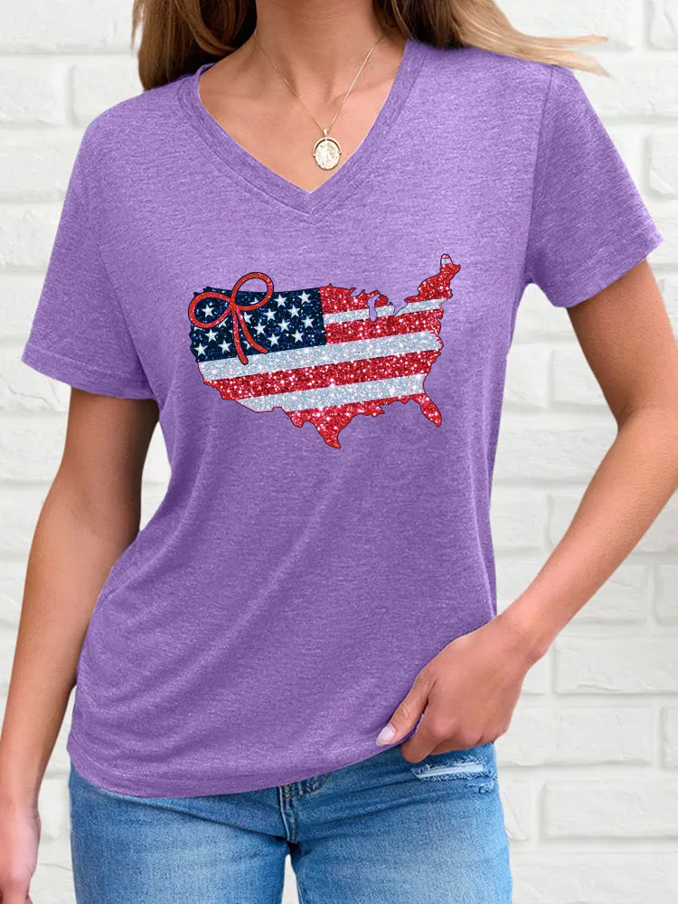 Woman'S Damaged Stars And Stripes Bow Print V-Neck And Short Sleeves T-Shirt