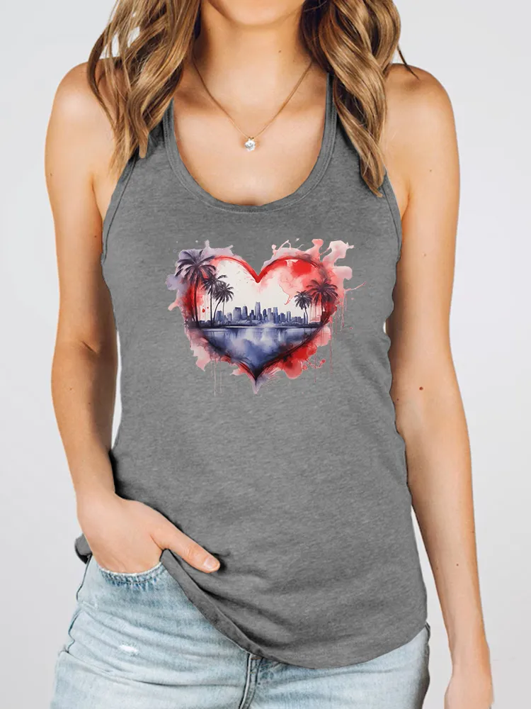 Women'S Heart-Shaped Landscape Painting Print Round-Necked Sleeveless Vest