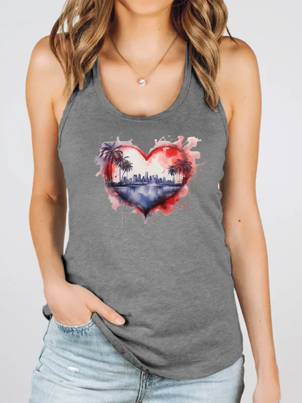 Women'S Heart-Shaped Landscape Painting Print Round-Necked Sleeveless Vest