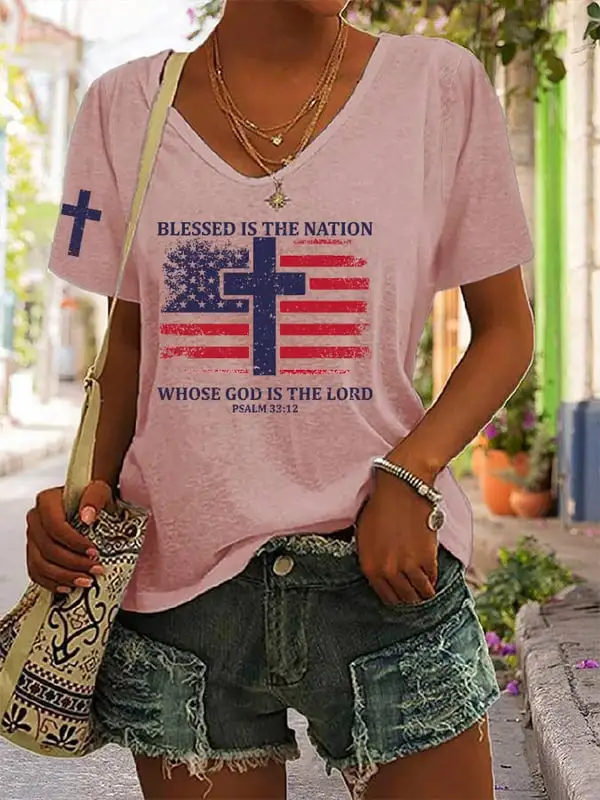 Woman'S Blessed Is The Nation Whose God Is The Lord Short-Sleeve V-Neck T-Shirt