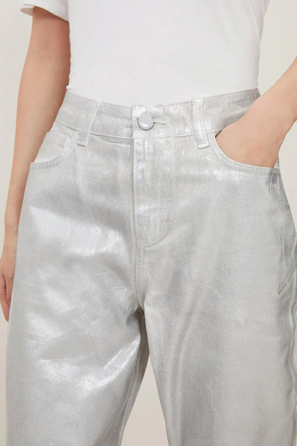 High Rise Slim Leg Silver Foiled Trouser