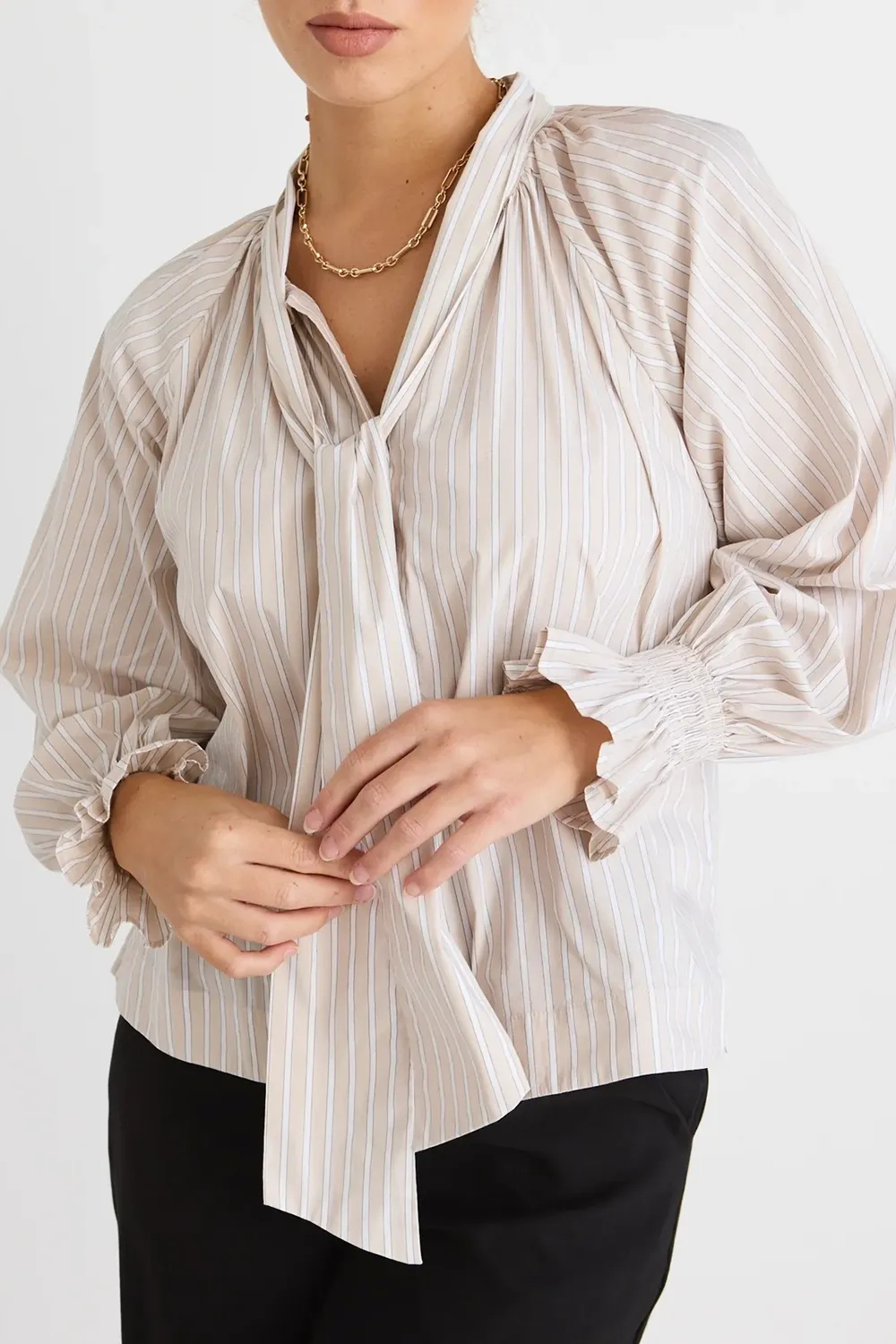 Ecru Stripe Tie Front Blouse