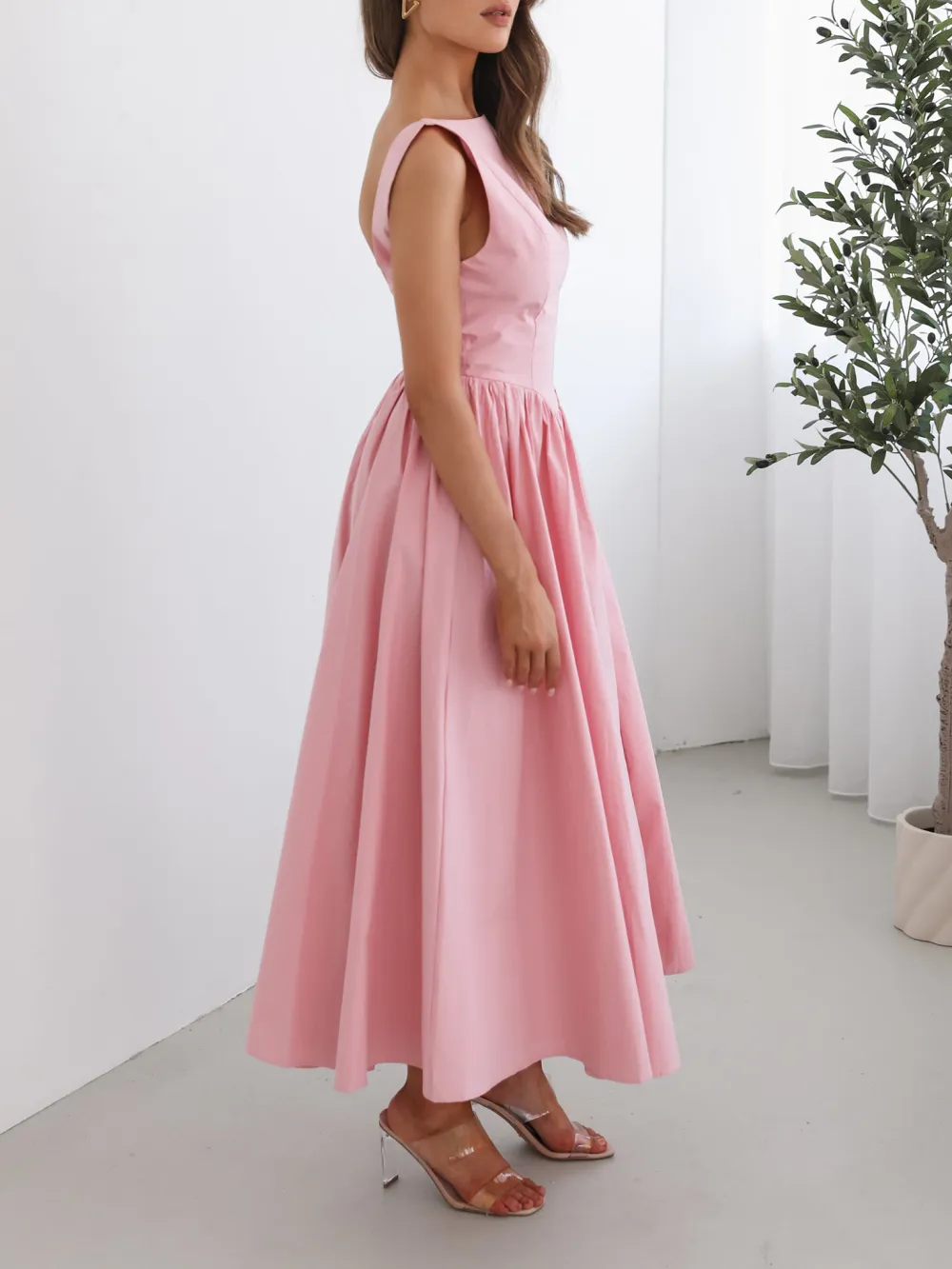 Casual Style Pink Boat Neckline Dress