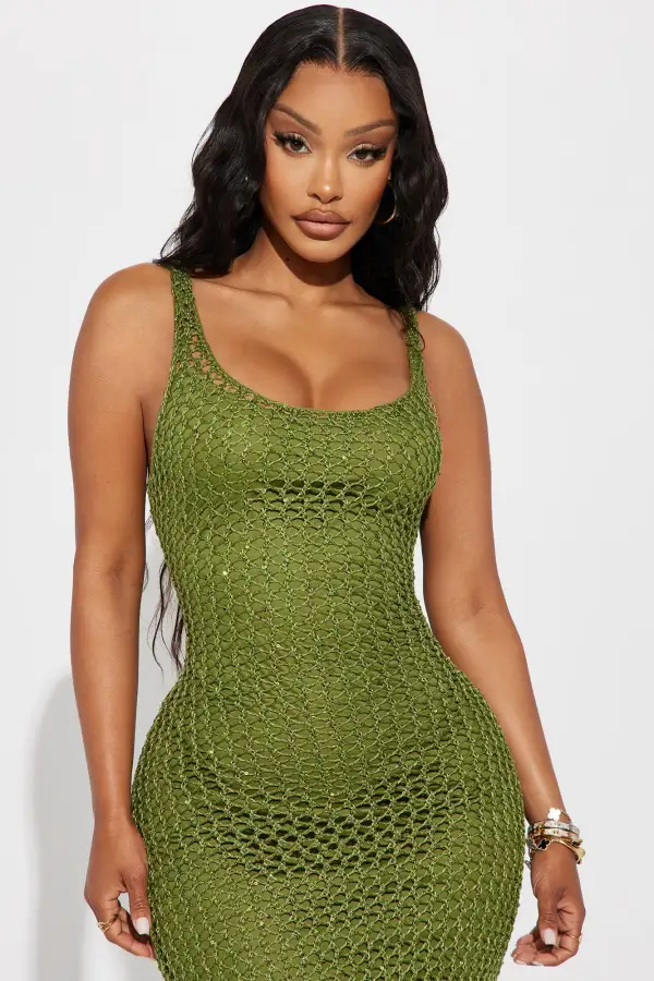 Kaylie Sequin Crochet Midi Dress - Green