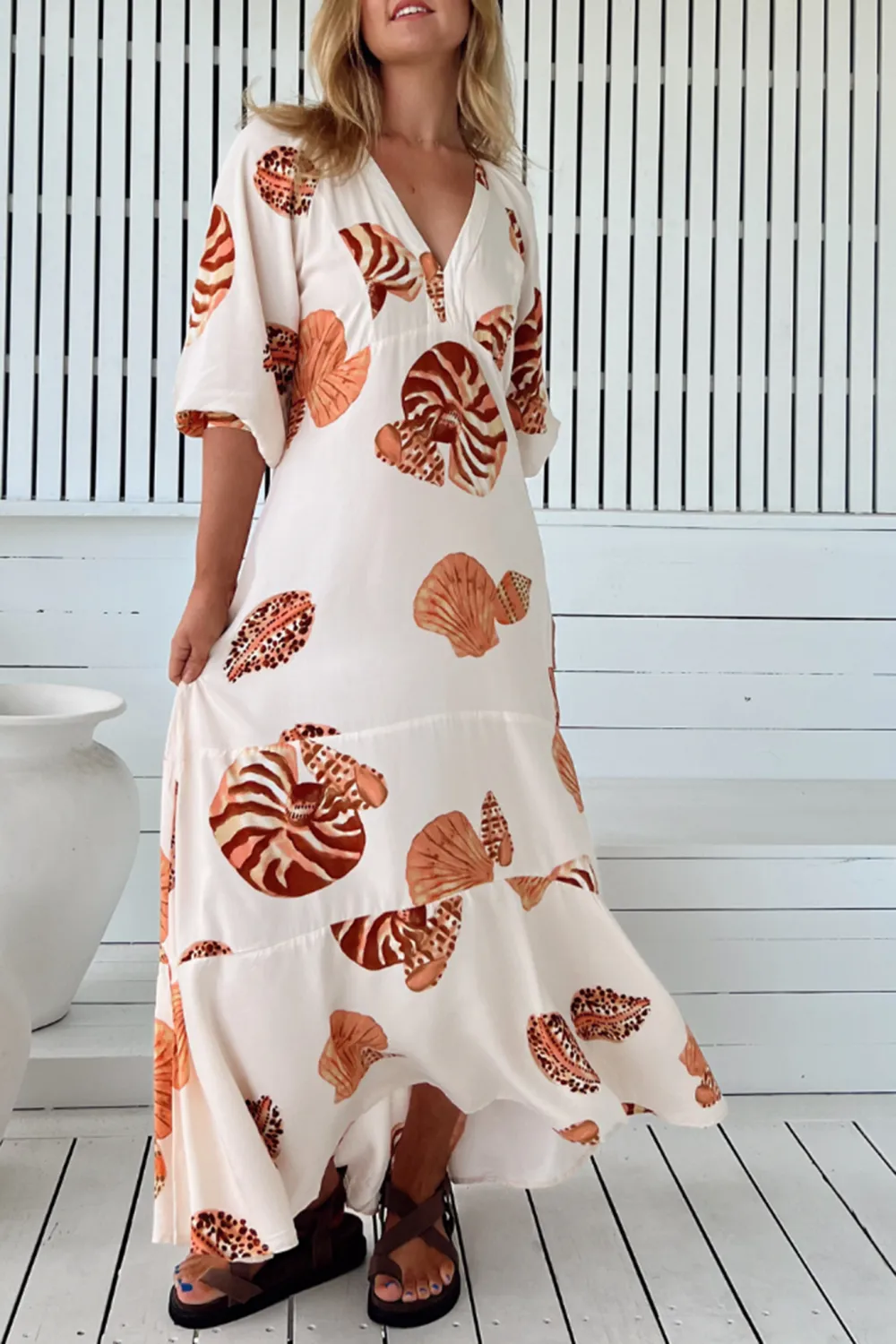 White Shell Print Half Sleeve Maxi Dress