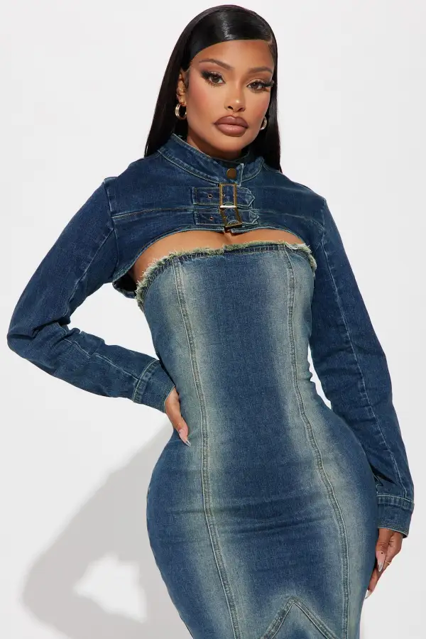 Elisha Denim Maxi Dress Set - Medium Wash