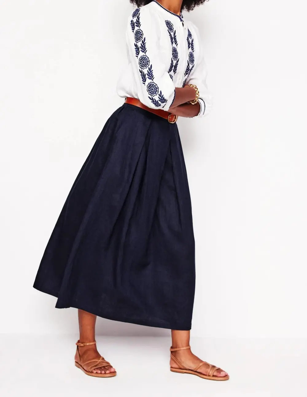 Navy Blue Verity Linen Midi Skirt