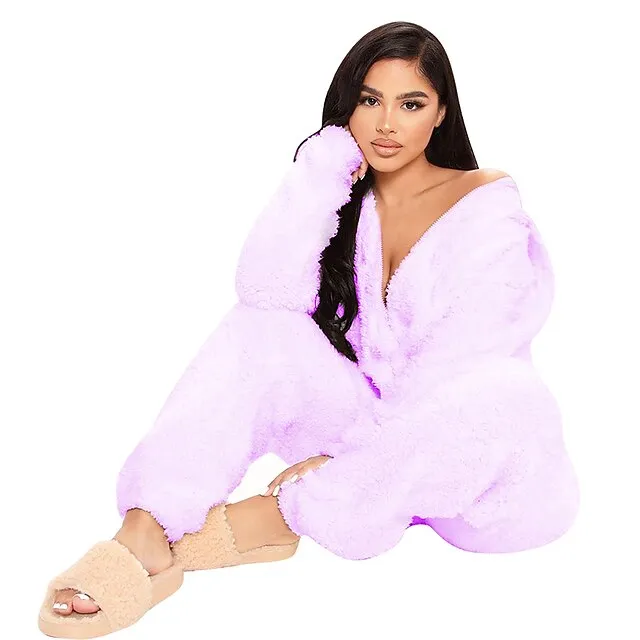 Women's Flannel Adult Onesies Onesie Pajamass Pajama for Adult Jumpsuits Nighty Pure Color Simple Comfort Party Home Christmas  Warm Gift Hoodie Long Sleeve Fall Winter Black