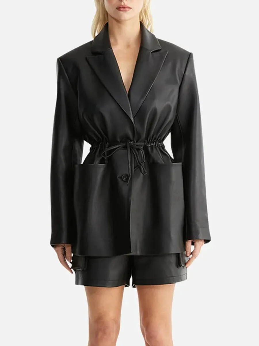 Black Belted Leather Blazer