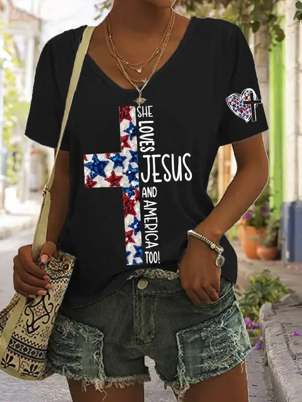 Woman'S She Loves Jesus And America Too! Short-Sleeve V-Neck T-Shirt