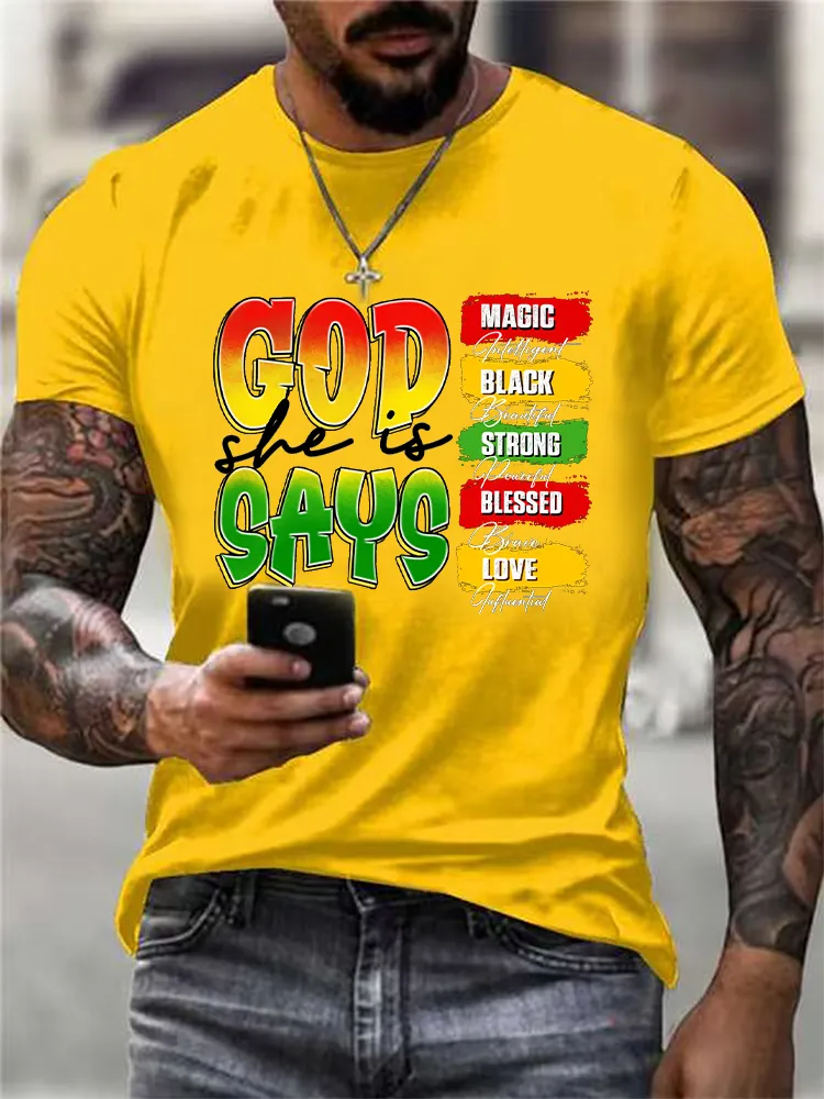 Men'S Round-Neck Short-Sleeved T-Shirt With God Says Magic Black Strong Blessed Love Prints