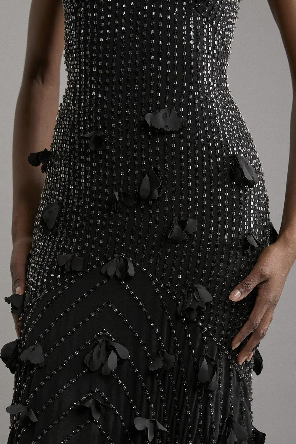 Floral Applique Crystal Embellished Woven Maxi Rosette Maxi Dress