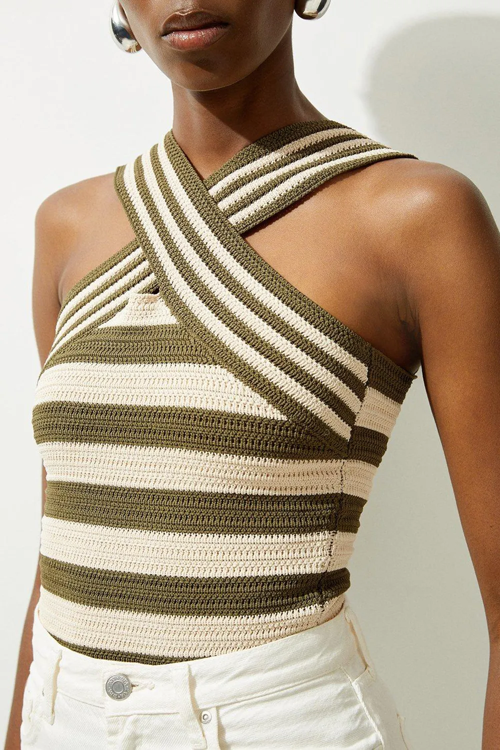 Viscose Blend Crochet Knit Cross Front Top