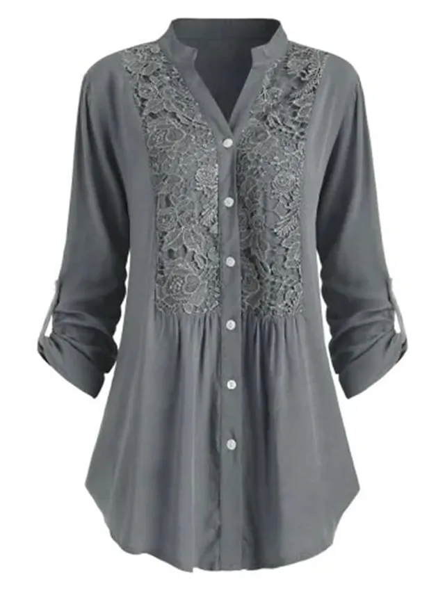 Women's Shirt Tunic Shirts Black White Wine Solid Color Floral Florals Lace Lace Trims Long Sleeve Daily Weekend Streetwear Casual Shirt Collar Regular Fit Spring Fall Winter