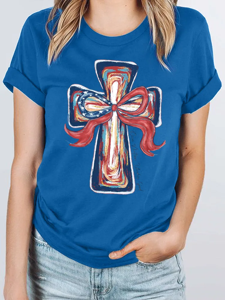 One Nation Under God Print Round-Neck Short-Sleeved T-Shirt