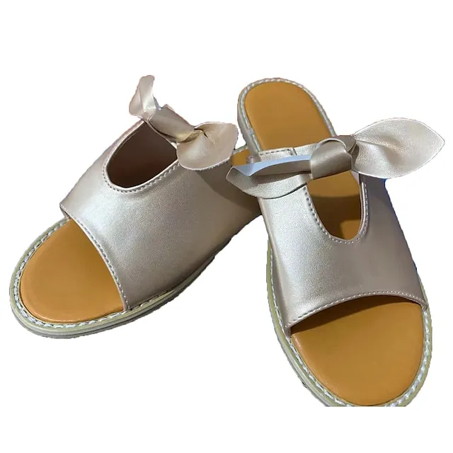 Women's Sandals Slippers Boho Bohemia Beach Outdoor Slippers Beach Slippers Outdoor Daily Beach Summer Bowknot Flat Heel Open Toe Casual Minimalism Sweet Faux Leather Loafer Solid Color Solid Colored