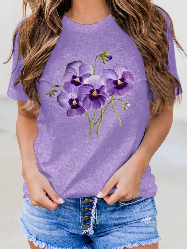 Women'S Floral Print Alzheimer'S Awareness Round-Neck Short-Sleeved T-Shirt
