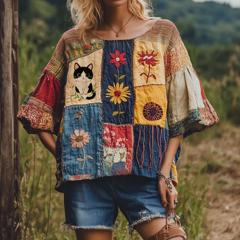 Vintage Abstract Creative Cute Cat In Floral Art Embroidered Cozy Linen Blend T-shirt