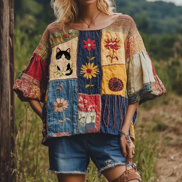 Vintage Abstract Creative Cute Cat In Floral Art Embroidered Cozy Linen Blend T-shirt