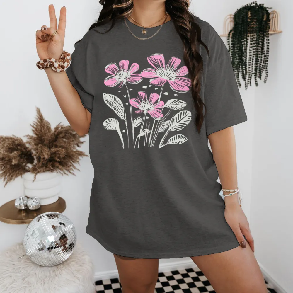 Hand Drawn Pink Simple Floral Pattern Casual T-Shirt