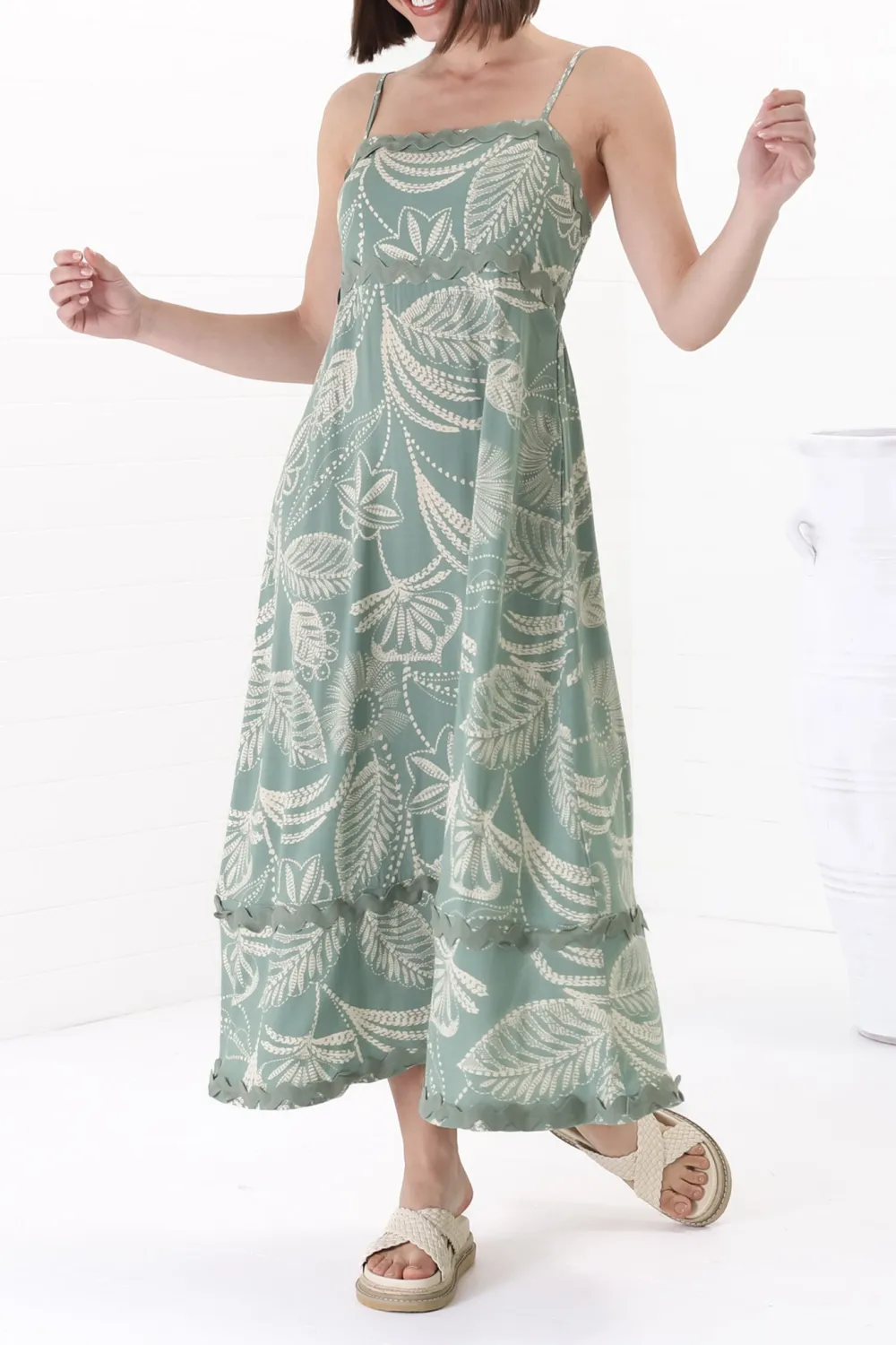 Light Green Leaf Print Slip Maxi Dress