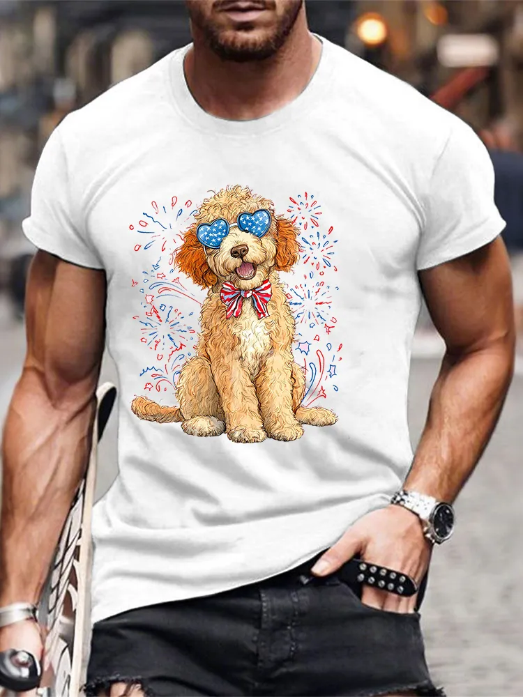 Men'S Independence Day Puppy Fireworks Round-Neck Short-Sleeved T-Shirt