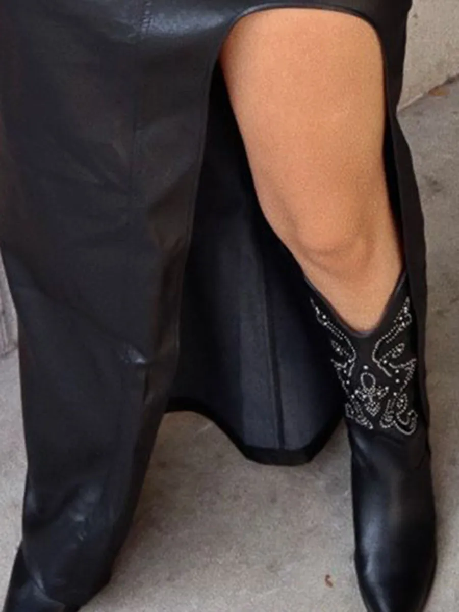 Faux Leather High Slit Midi Skirt