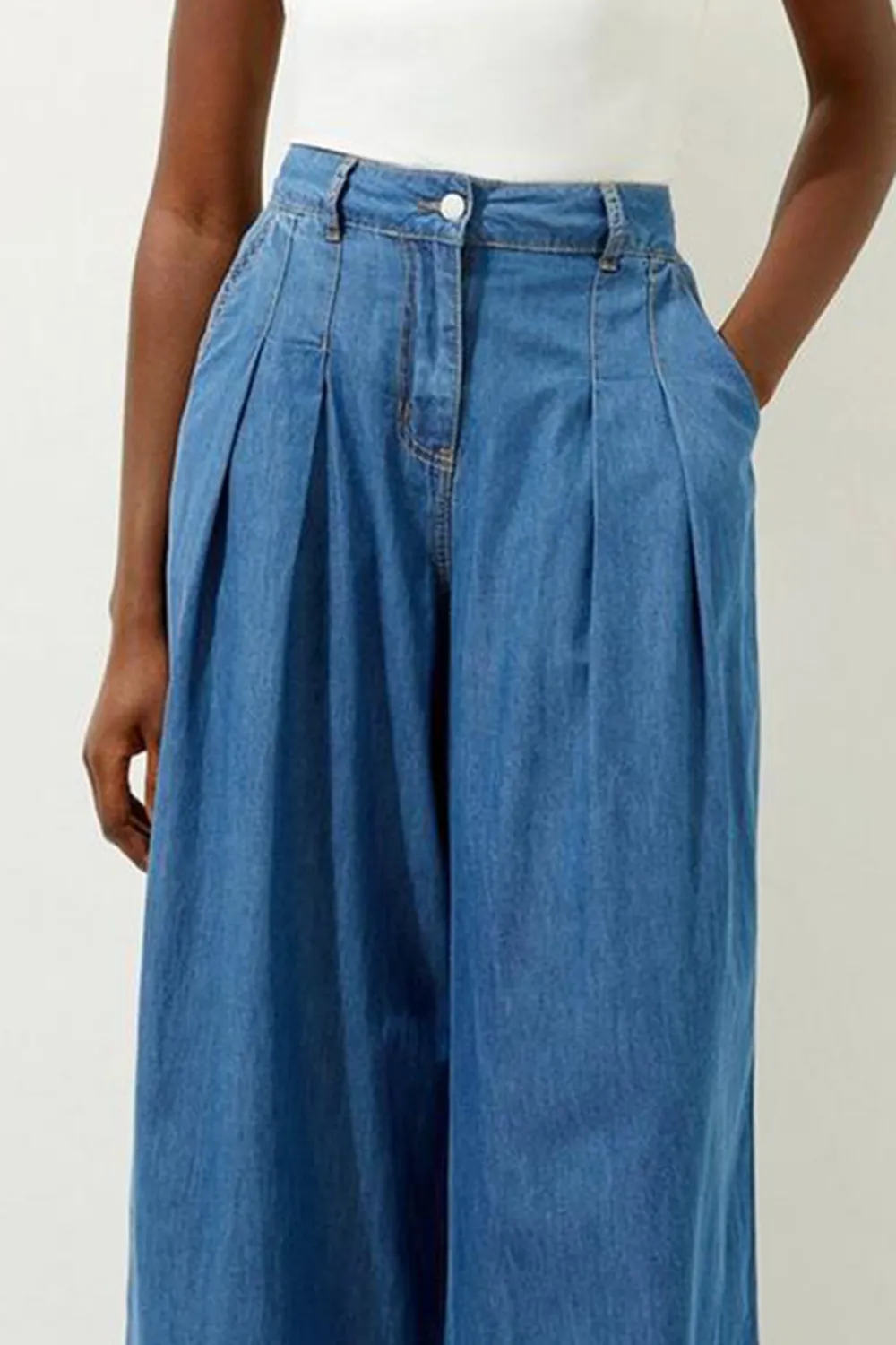 Tailored Chambray Denim Straight Leg Pleated Trousers
