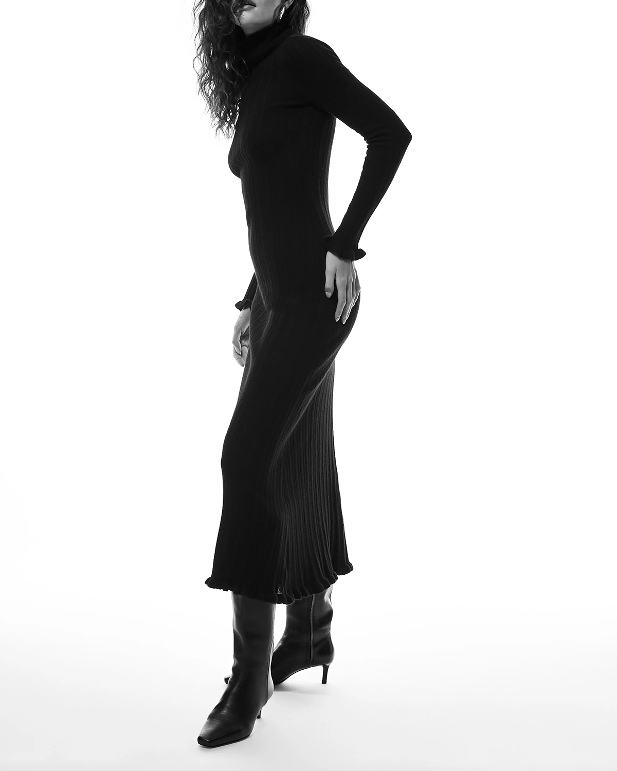 Black Long Sleeve Knit Midi Dress