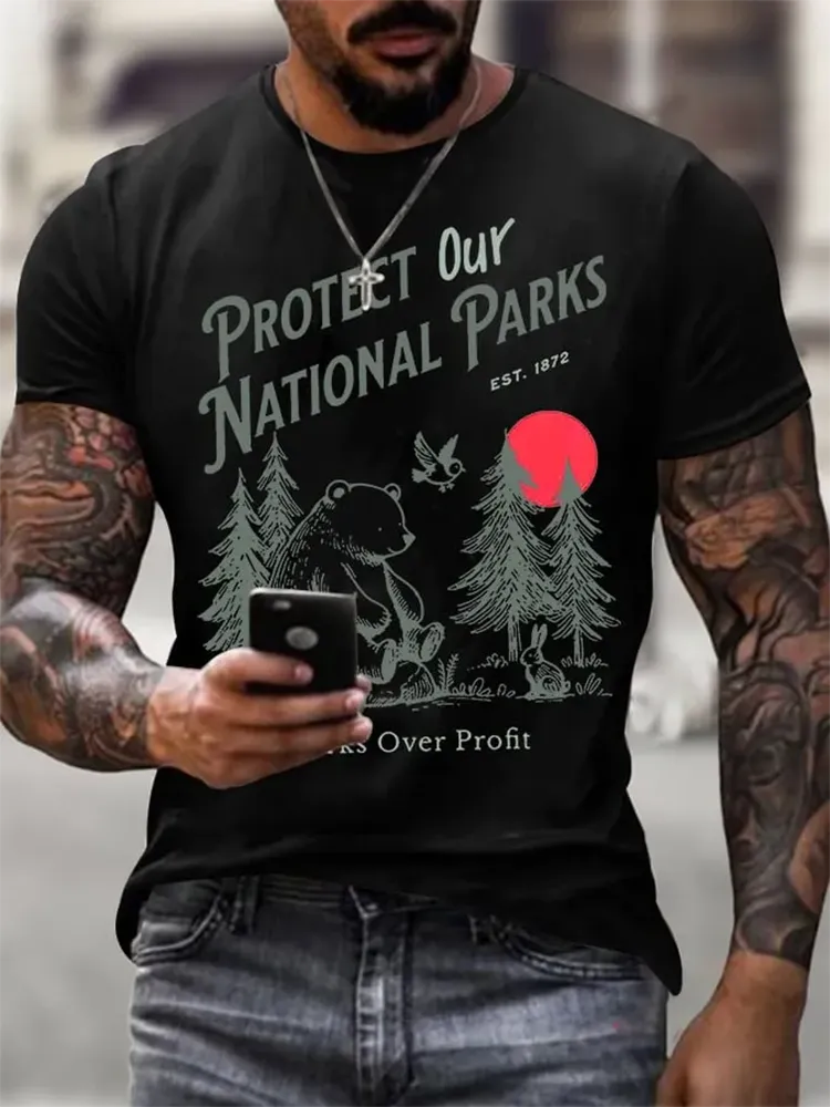Men'S Protect Our National Parks Printed Round Neck T-Shirt