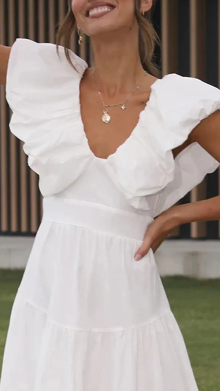 V-Neck Layered Sleeves Casual Midi Dress