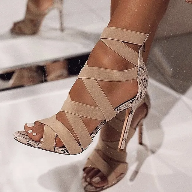 Women's Heels Sandals Stilettos Animal Print Party Daily Club Summer High Heel Stiletto Heel Open Toe Elegant Casual Sexy Microfiber Zipper Animal Patterned Snakeskin Snake Black Beige