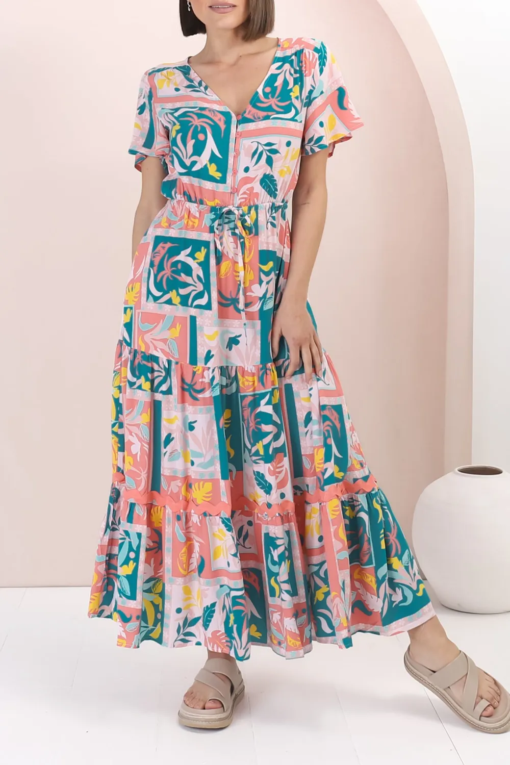 Colorful Patchwork Print Short Sleeve Maxi Dress