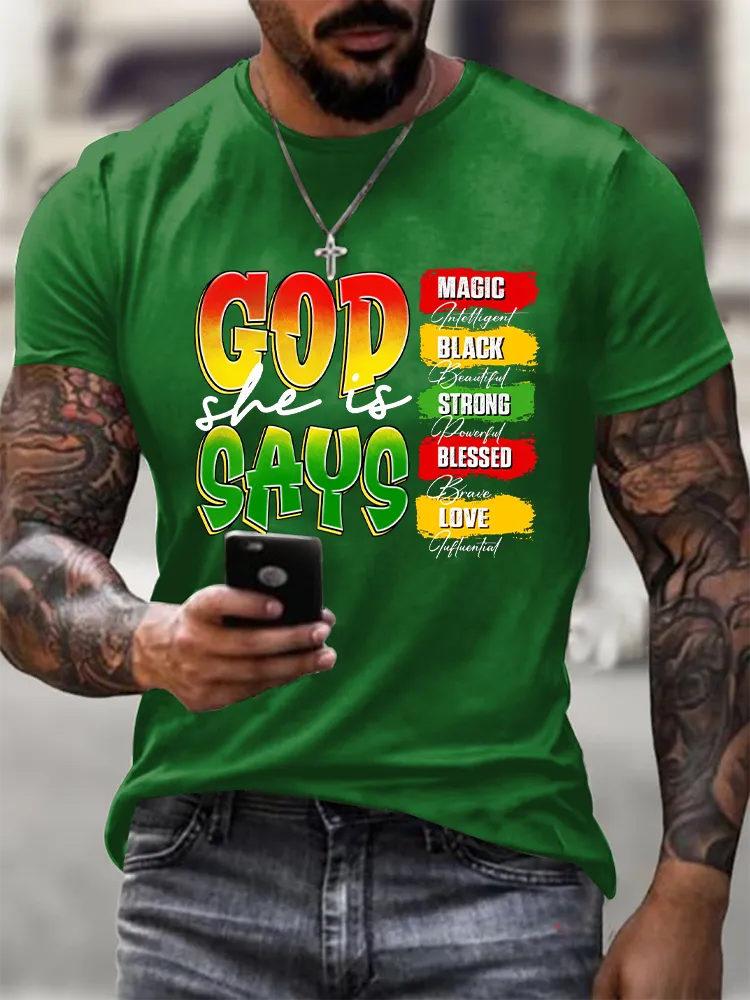 Men'S Round-Neck Short-Sleeved T-Shirt With God Says Magic Black Strong Blessed Love Prints