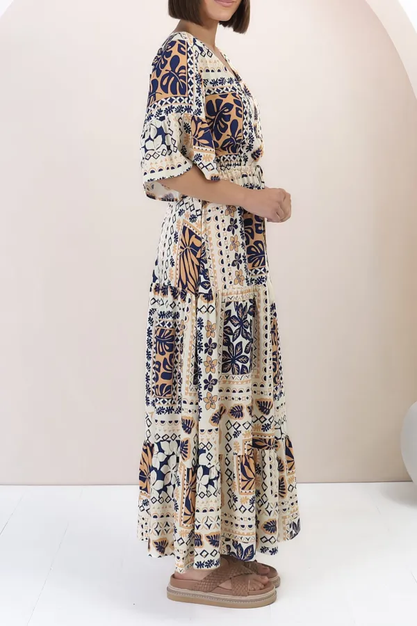 Ivory Patchwork Print Flutter Sleeve Maxi Dress