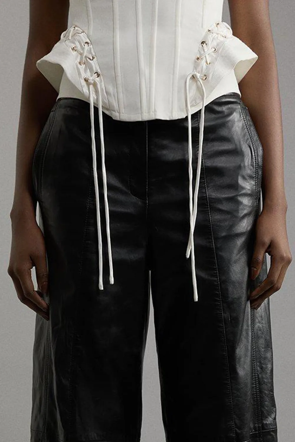 Mid Rise Wide Leg Leather Trousers