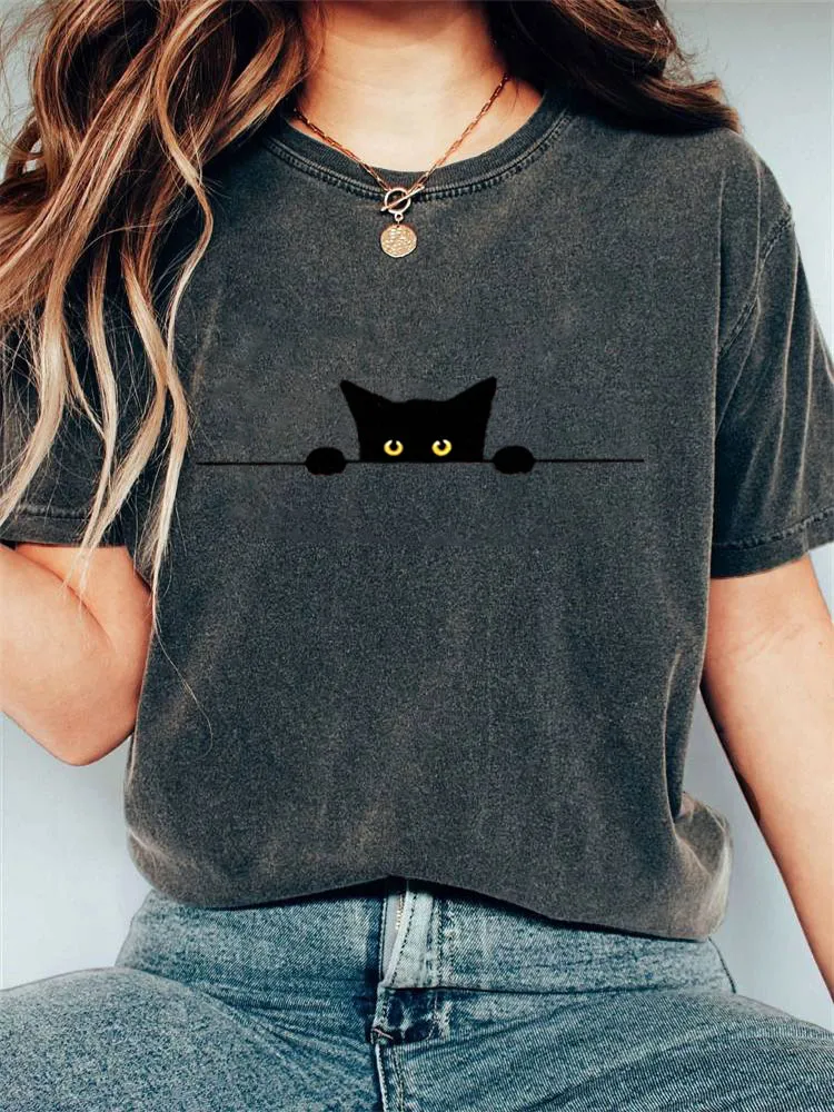 Women's Casual Funny Black Cat Print T-shirt