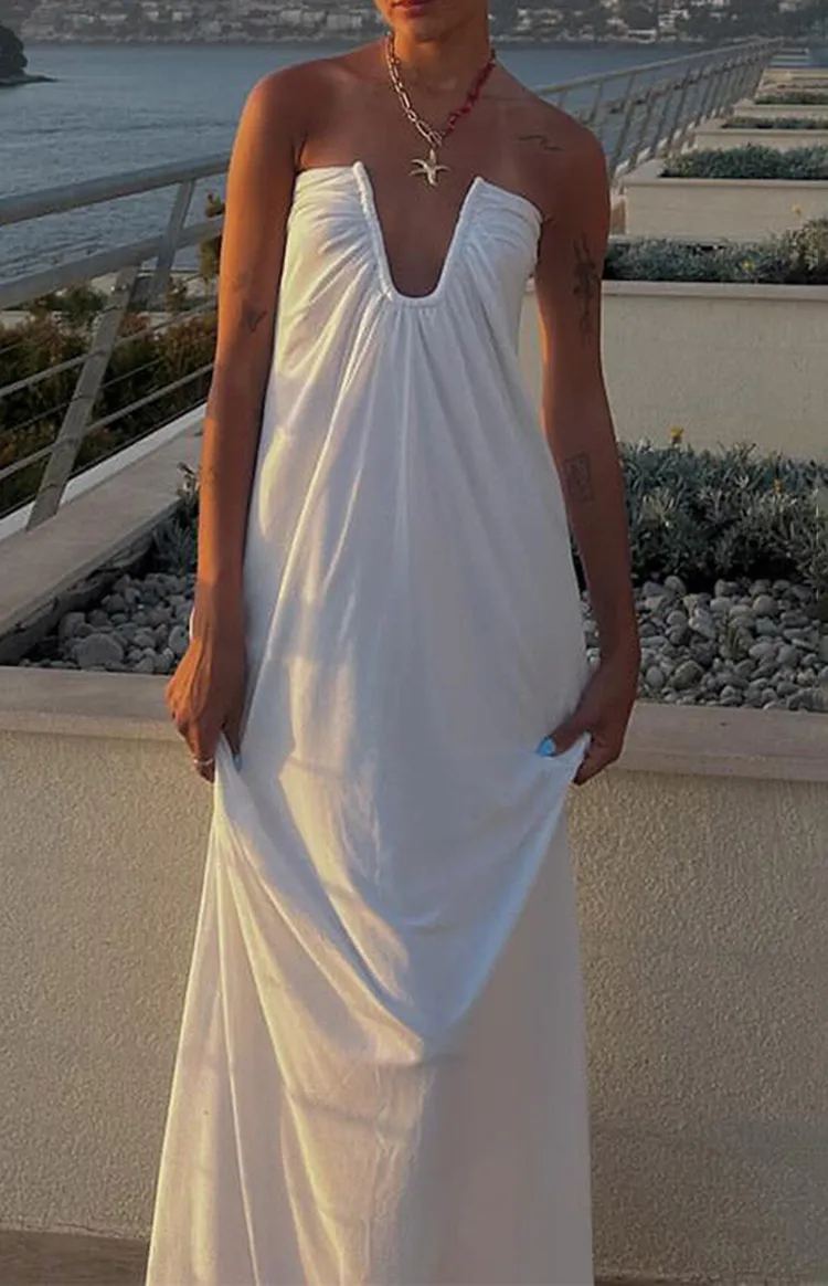 Deep V-Neck White Flowy Maxi Dress