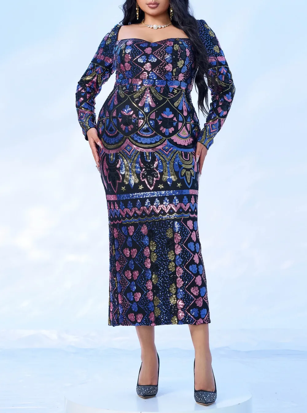 Square Neck Long Sleeve Split Sequin Dress