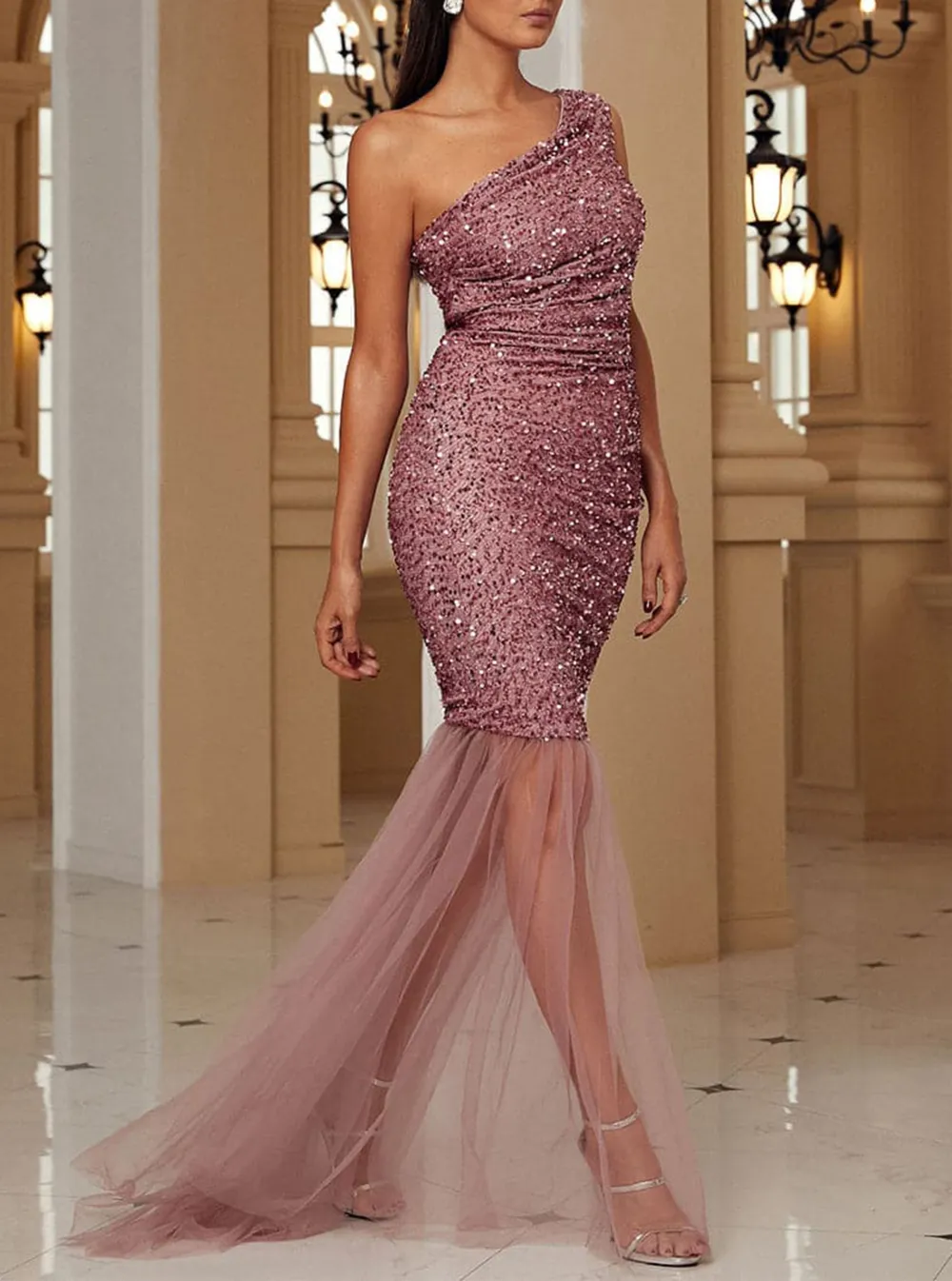 One Shoulder Mermaid Pink Sequin Prom Dress