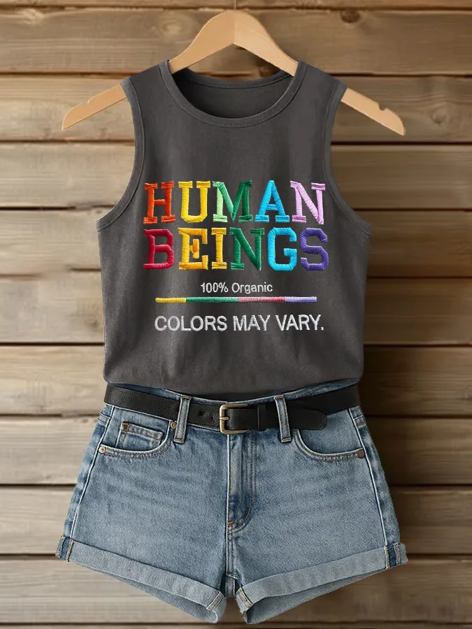 Retro Human Beings 100% Organic Colors May Vary Human Rights Equality Pride Print Tops Tank