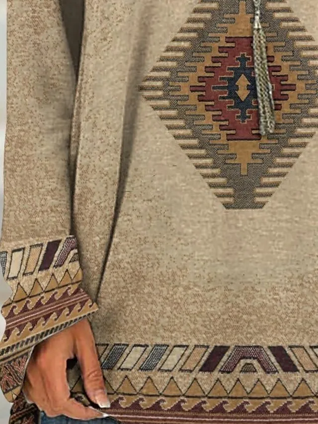 Women's Plus Size T shirt Tee Burgundy Tee Tunic Shirts Marron Yellow Light Green Geometric Plaid Print Long Sleeve Casual Vintage Tunic Ethnic Round Neck Regular Fit Bohemian Theme Geometric Fall