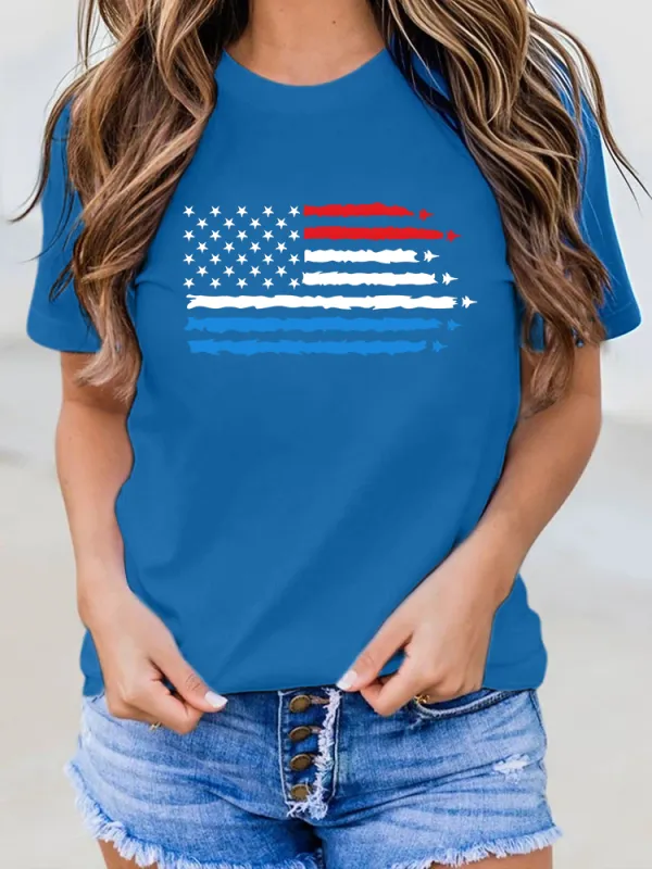 Woman'S Stars And Stripes Print Round-Neck Short-Sleeved T-Shirt