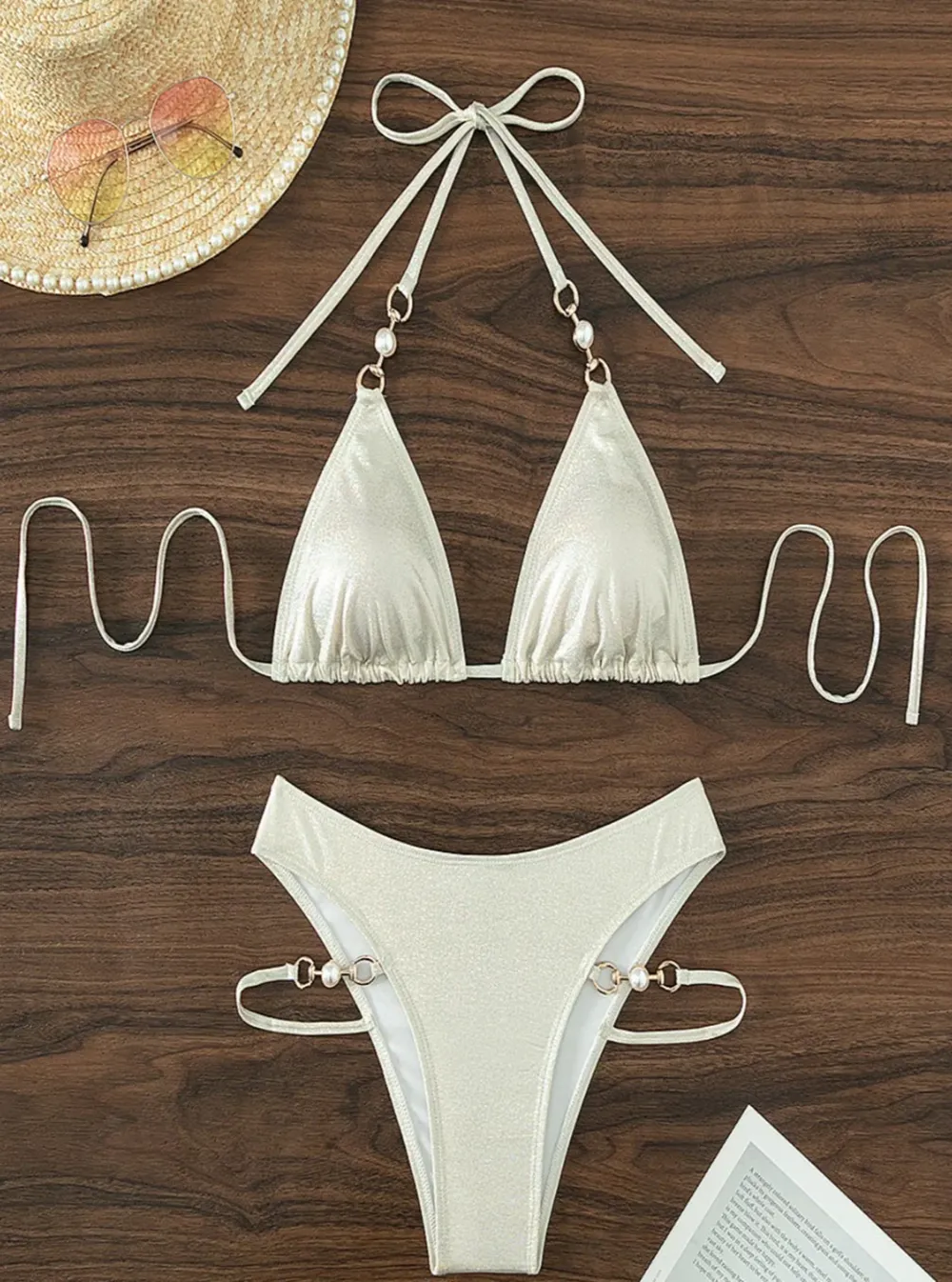 Sparkle Pearl Chain White Bikini Set