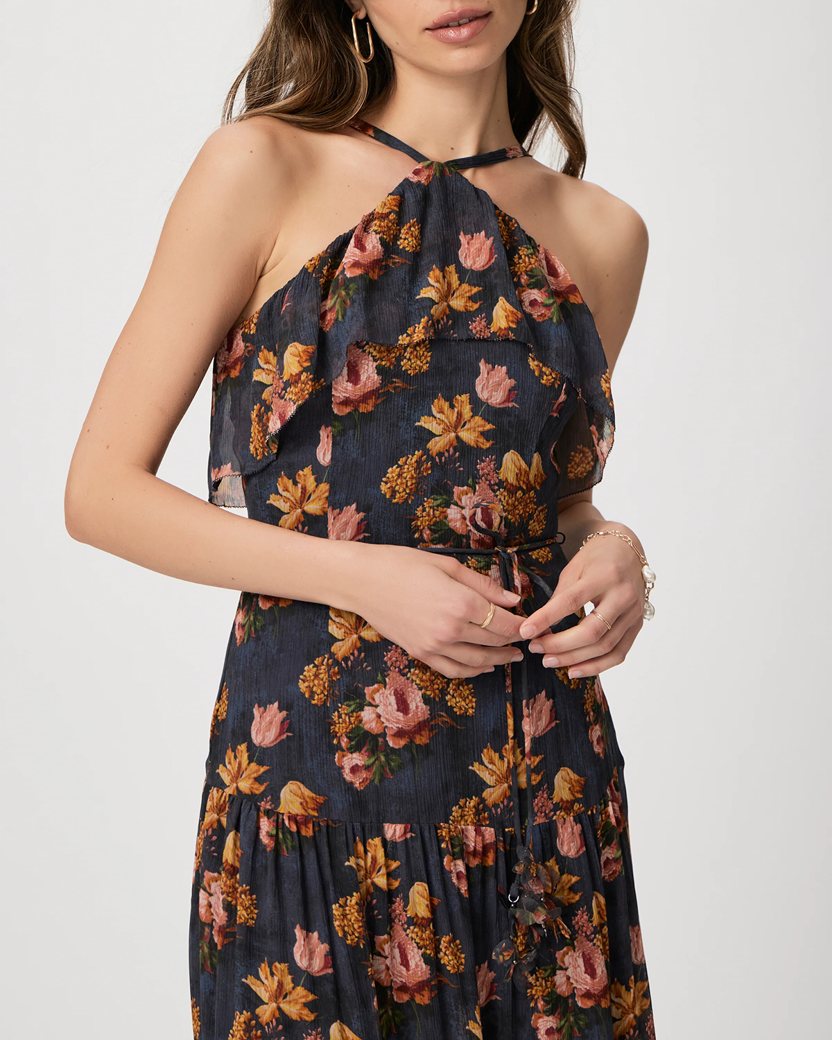 Navy And Orange Floral Print One Shoulder Maxi Dress