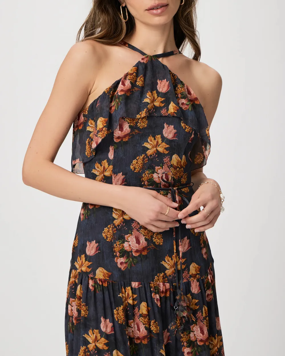 Navy And Orange Floral Print One Shoulder Maxi Dress