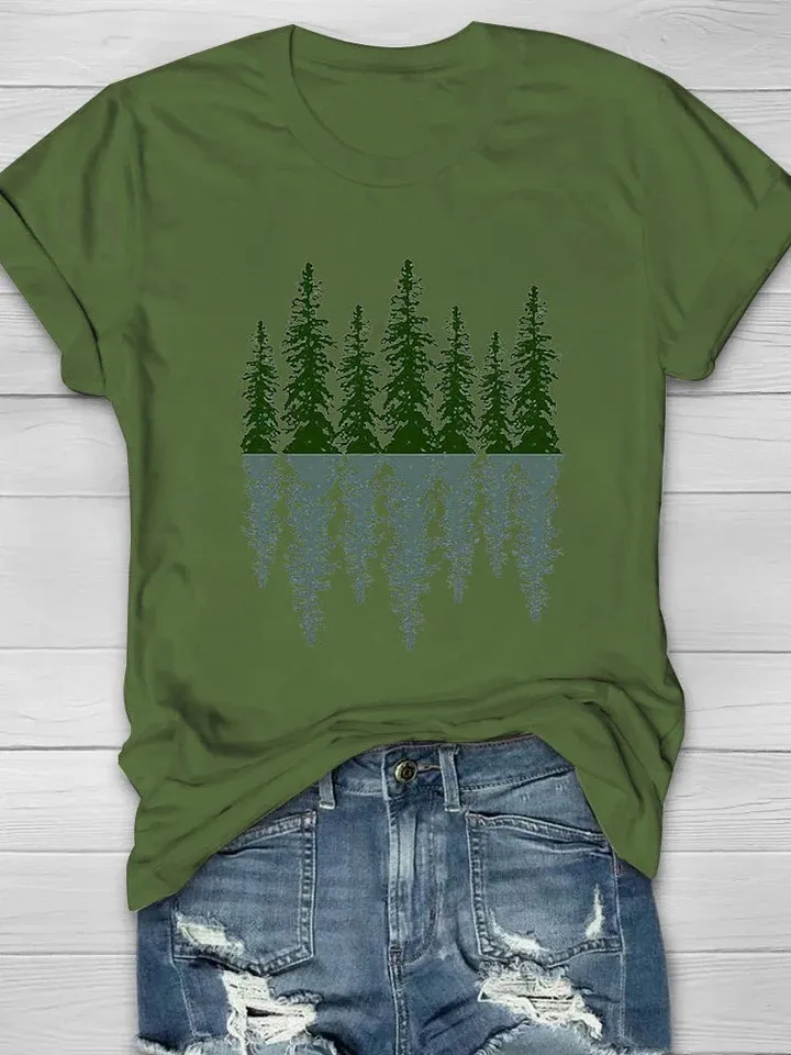 Women's Casual Natural Forest Print Short Sleeve Crew Neck T-Shirt