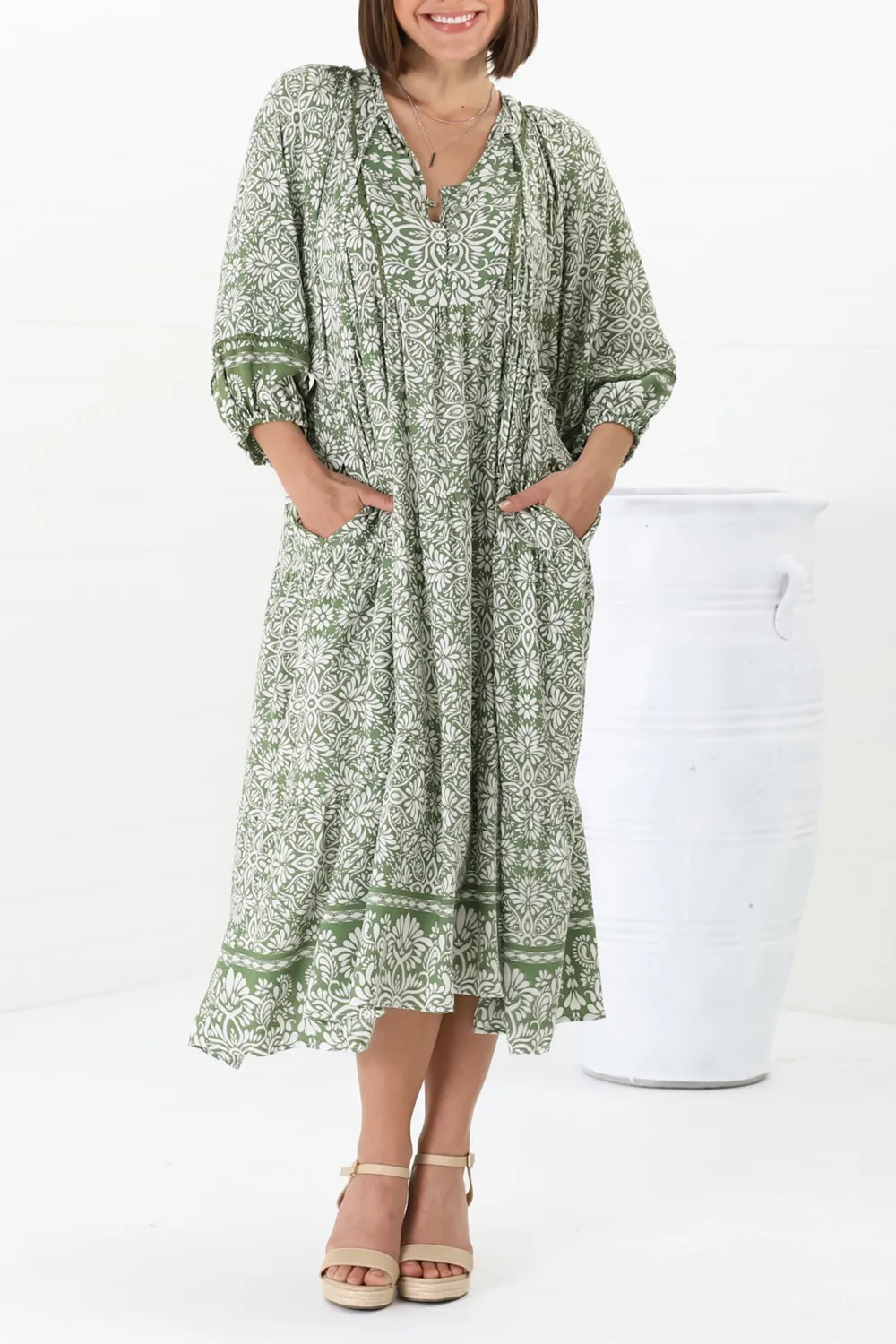 Green Patterned Lantern Sleeve Midi Dress