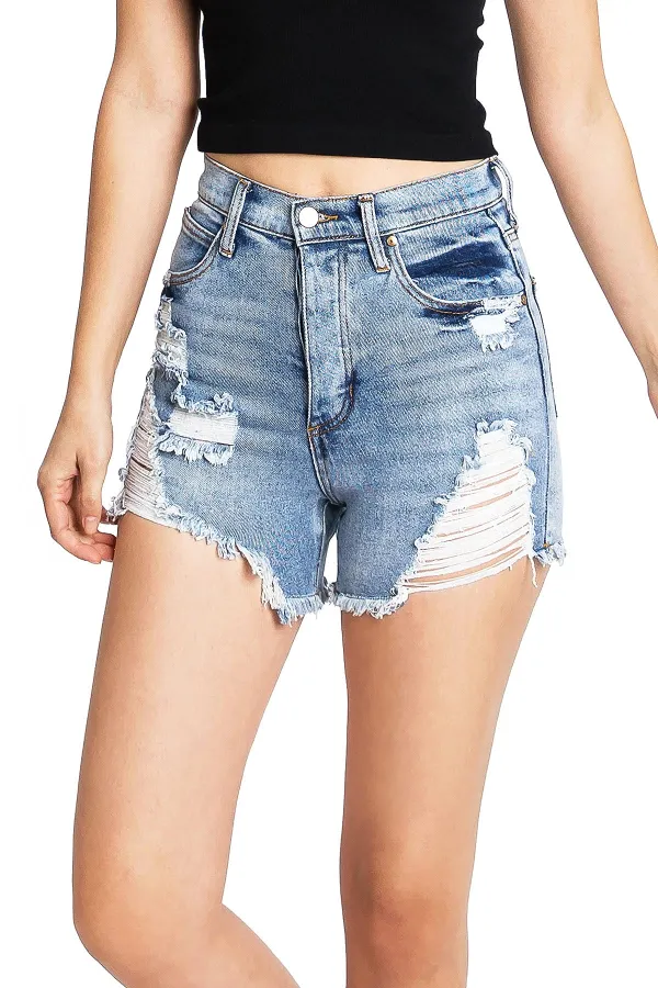 Medium Blue High - Waist Distressed Shorts