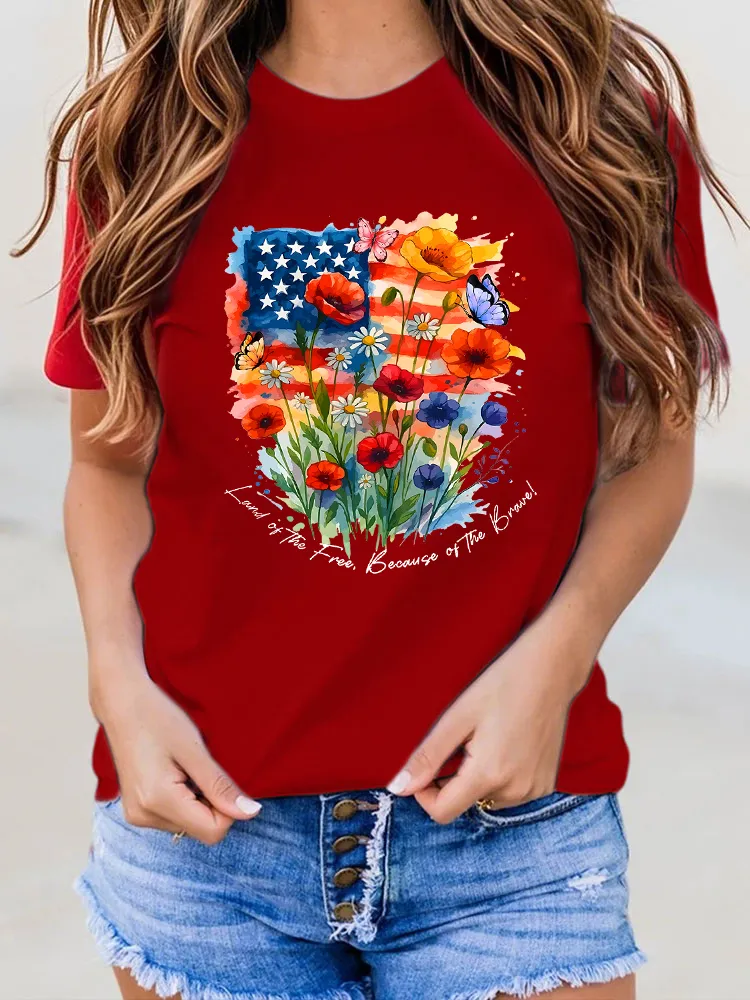 Woman'S Land Of The Free Because Of The Brave Round-Neck Short-Sleeved T-Shirt